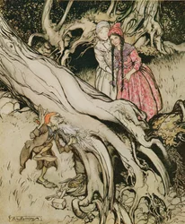 Änden av hans skägg fastnade i ett träd, illustration ur "Snövit och Rosenröd", ur Bröderna Grimms sagor, 1900